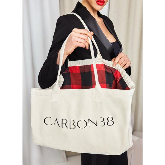 CARBON 38 Large Canvas Tote Red and Black Buffalo Check Liner in Natural Cream - Picture 1 of 11
